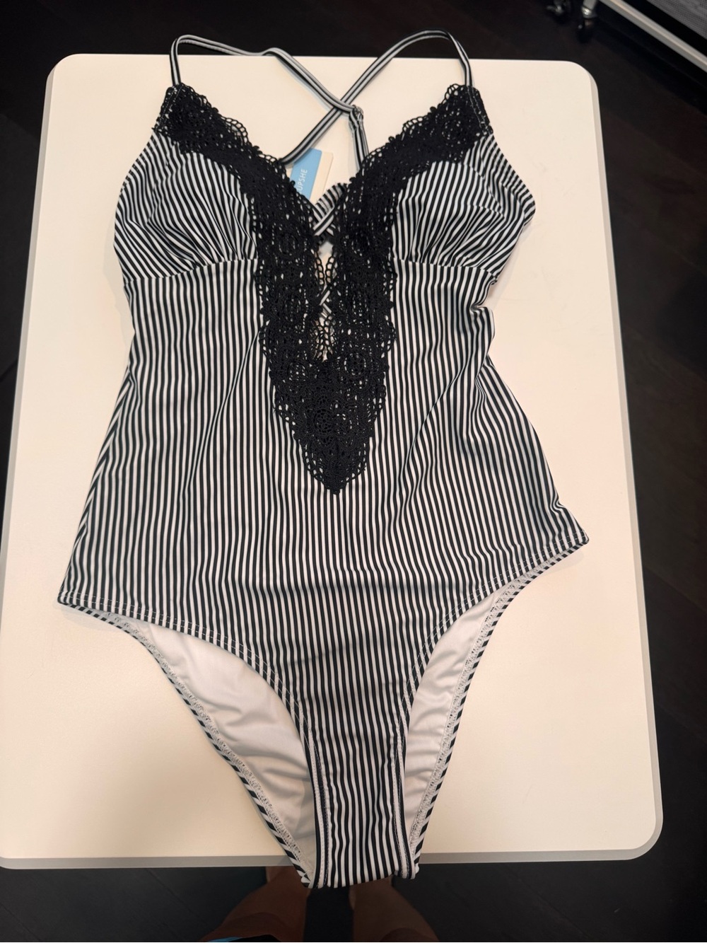 Black & White Striped Lace-Trim One-Piece Swimsuit - Kids